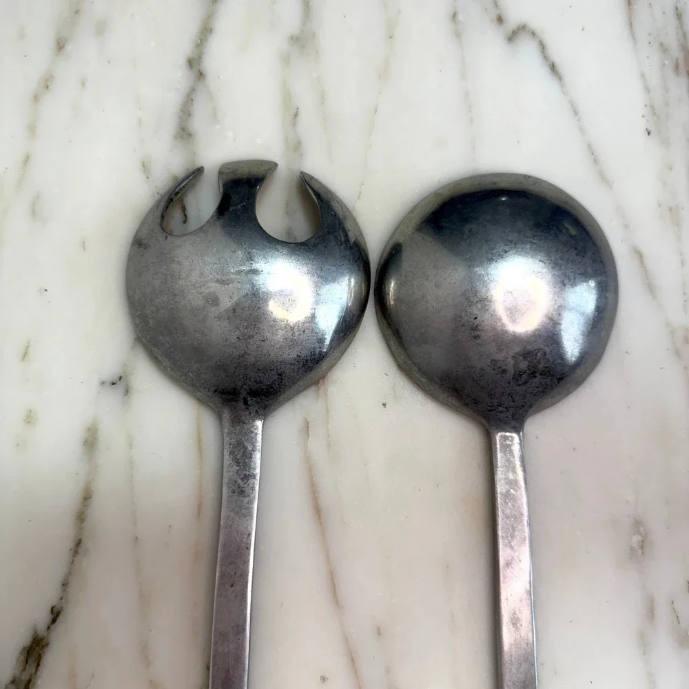 Vintage Indian Pewter Floral Salad Serving Spoon & Fork Set, Made in India